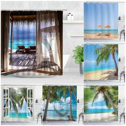 Cortinas de ducha Playa junto al mar Cortinas de ducha Palmeras tropicales Planta Océano Hawaii Vacaciones Naturaleza Paisaje Cortina de baño Verano Decoración de baño 230831