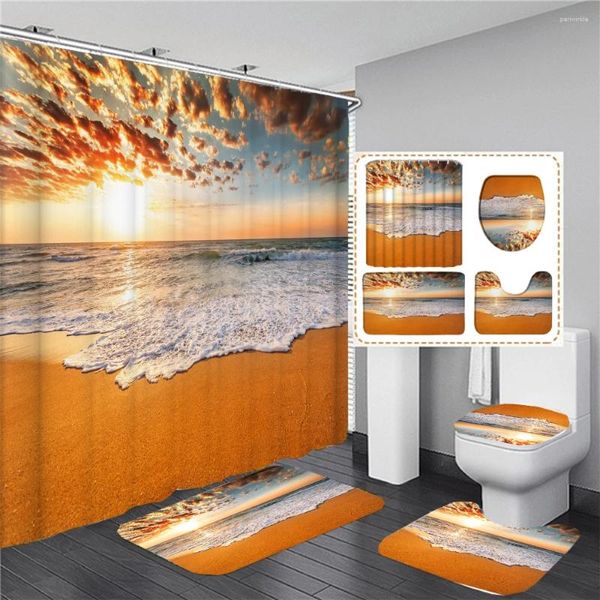 Rideaux de douche Seaside Beach Sunset Pèche Dusk 3D Impression imperméable rideau avec tapis de toilette de baignoire