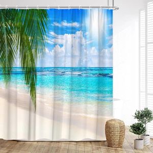 Douchegordijnen Kustgordijn Oceaan Strand Palmboom Golven Zeegezicht Natuur Landschap Blauwe Hemel Zonneschijn Print Badkamer Decor Met Haken