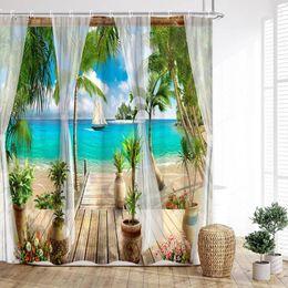 Rideaux de douche paysage de bord de mer, plage naturelle, feuilles de palmier, voiliers, mouettes, animaux, coucher de soleil, décorations de salle de bain pour la maison