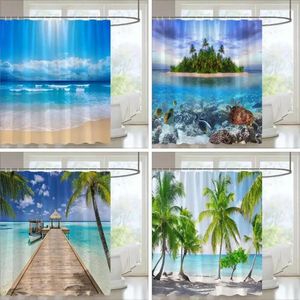 Douchengordijnen Zeerlandschap buitengordijn strand hawaii kokosboom eiland natuur polyester stof hangende badkamer decor