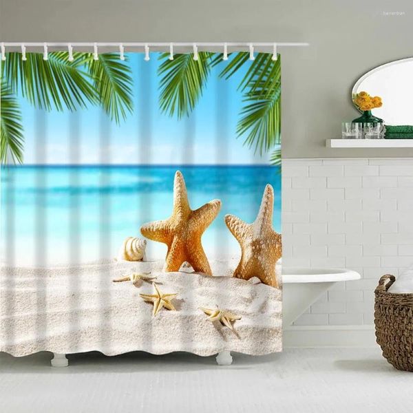 Rideaux de douche Seaside Sea Beach Ocean Coconut Tree Nature Nature Bathrow-Rower Curtain Set Polyester Frabic Home Decor with Crows