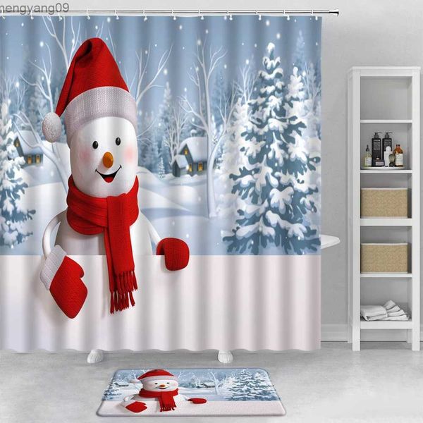 Ensemble de rideaux de douche mignon Santa blanc flocon de neige rideau de douche enfants nouvel an bleu noël rideaux de salle de bain et tapis de bain tapis R231114