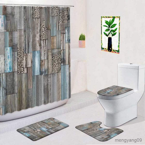 Ensemble de rideaux de douche Grain de bois rideau de douche tapis de bain planche de bois fleur pourpre plante florale salle de bain décor ensemble tissu rideau de bain R230830