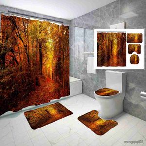 Retons de douche Ensembles de rideaux de douche avec tapis de bain sans glissement et chemin Sunset Louilles rouge feuilles rideau de douche Set R231101