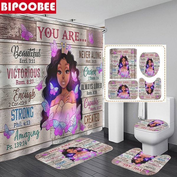 Cortinas de ducha Sexy Black Girl Pink Butterfly Cortinas de baño Mujeres afroamericanas Juego de cortinas de ducha Alfombras de baño Tapa de inodoro 230920