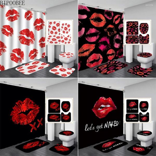 Rideaux de douche Lèvres rouges sexy pour la décoration de salle de bain Durable Lip Print Couvercle de toilette Tapis de couverture Tapis antidérapants Rideau de bain en tissu
