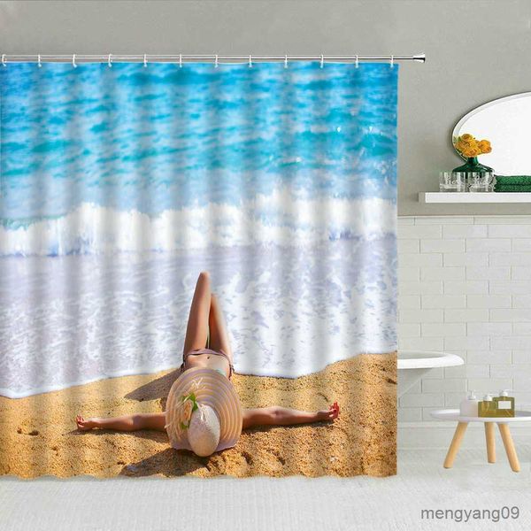 Rideaux de douche Sexy femme mer vagues coucher de soleil paysage rideau de douche plage arbre feuille océan paysage salle de bain décor mer vue toile de fond rideaux R230830