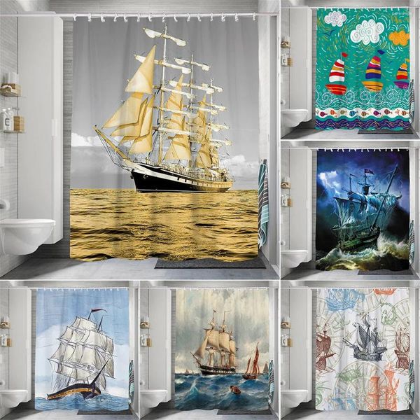 Rideaux de douche bateau ancre gouvernail bateau rideau Pirate voilier étoile de mer salle de bain tenture murale crochets imperméables décor d'écran