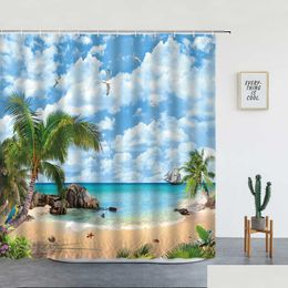 Rideaux de douche Douche Plage Palmiers Coucher de soleil Hawaii Océan Paysage naturel Polyester Salle de bain Décor Tissu Baignoire Rideau Ensemble R2307 Dhbye