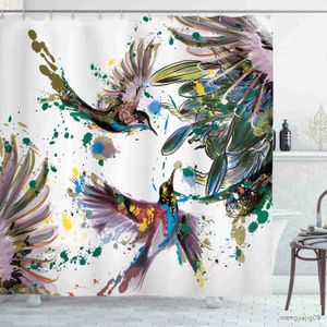 Rideaux de douche Rideau de douche Art avec des fleurs de lys oiseaux éclaboussures de couleur dans le style de peinture à l'aquarelle tissu décor de salle de bains ensemble R230830