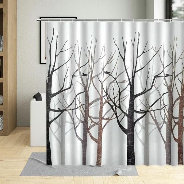 Cortinas de ducha Simple Negro Blanco Bosque Abedules Árbol Rama Cortina Tronco Textura Arte Diseño Dibujado a mano Pantallas de baño Decoración