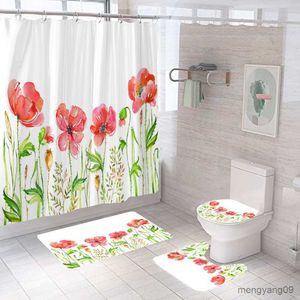 Rideaux de douche Style simple fleurs et plantes rideau de douche 3d rideaux de salle de bain piédestal couverture de tapis tapis antidérapant ensemble de tapis de bain R230831