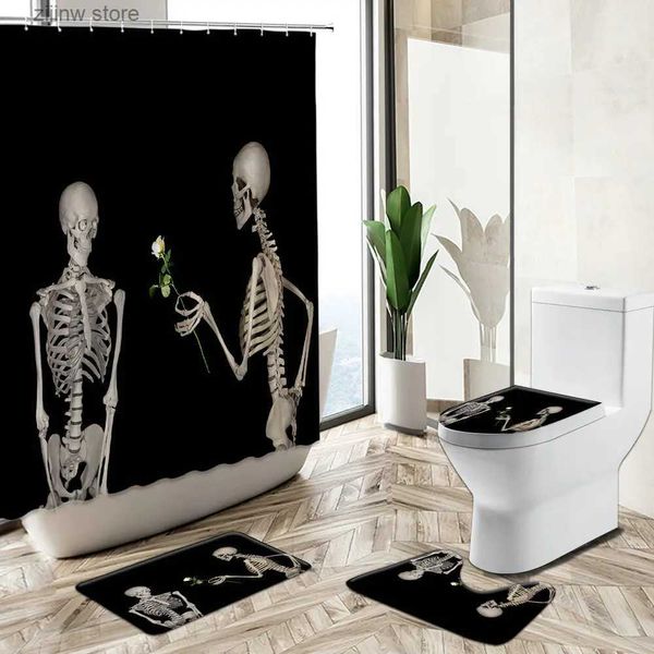 Rideaux de douche Crâne Couple Rideau De Douche Amour Rose Fond Noir Design Créatif Décor À La Maison Tapis Antidérapant Couverture De Toilette Tapis De Bain Ensemble Cadeau Y240316