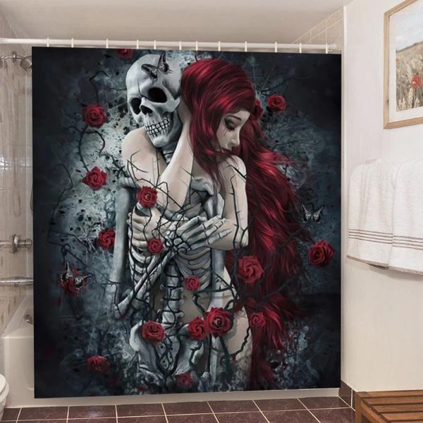 Cortinas de ducha Cortina de calavera Tela de poliéster impermeable Calabaza gótica Halloween Mujer sexy Amor Impresión Baño