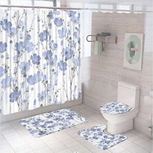 Rideaux de douche ciel bleu fleur rideau set jardin plante de printemps floral salle de bain de salle de bain non glissée tapis piédestal de couvercle de couvercle de couvercle