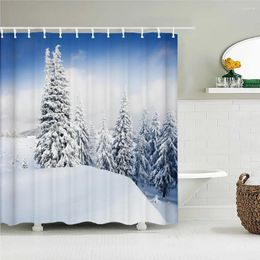 Rideaux de douche Scène de neige Paysage Rideau Tissu imperméable Cèdre Arbres Paysage Impression pour salle de bain avec crochets