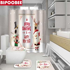 Douchengordijnen Sneeuwman Elk Santa Merry Christmas Bath Matten vloeren Toilet Cover Happy Year Badkamersgordijn met haken