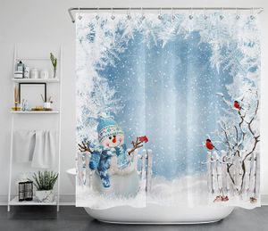 Rideaux de douche bonhomme de neige joyeux Noël rideau de douche ensemble salle de bain enfants flocons de neige oiseau debout sur des arbres de branche enneigée pour Noël paysage d'hiver 230323