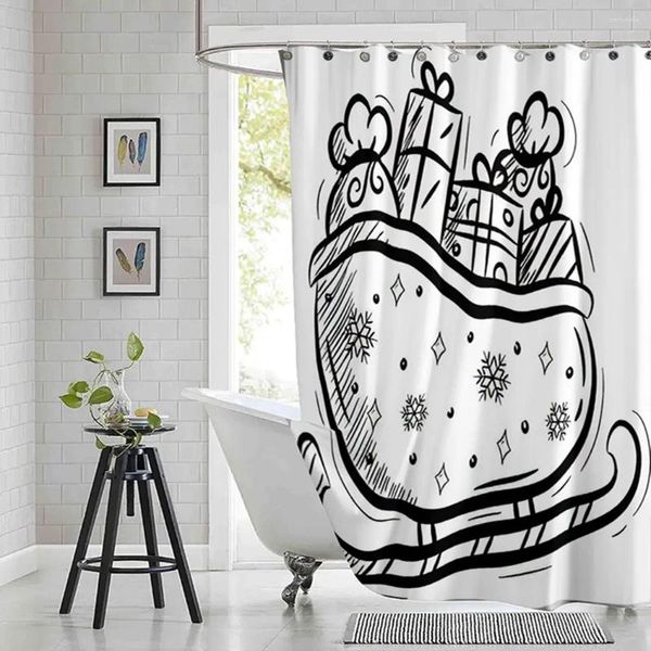 Cortinas de ducha Muñeco de nieve Santa Trineo Cortina Caja de regalo de rayas negras Tela de poliéster impresa Baño impermeable con 12 ganchos