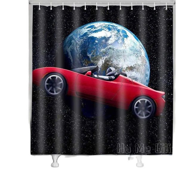 Cortinas de ducha Cortina espacial de Ho Me Lili Driving Red Car Universe Viajes exagerados Distrito de cielo estrellado Funny Decoración de baño