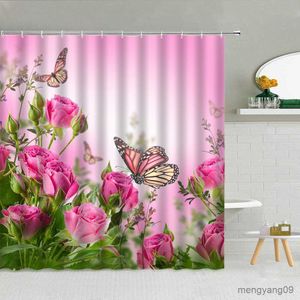 Douchegordijnen Lente Bloemen Landschap Roze Douchegordijn Roos Bloem Groen Blad Vlinder Water Badkamer Decor Waterdichte Stoffen Gordijnen R230830