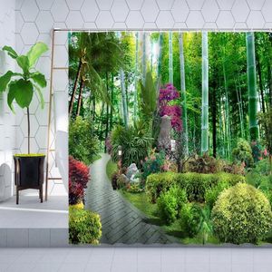 Douchegordijnen Spring Forest Plant Gordijn Gordijn Garden Groene bamboe palmboom Natuurlijk landschap badkamer scherm decor polyester sets