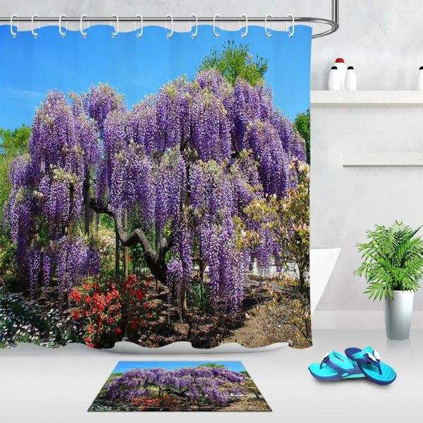 Rideaux de douche jardin de printemps wisteria arbre tissu rideau de rideau de salle de bain avec 12 crochets