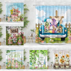 Rideaux de douche Printemps Gnome Rideau Oeuf de Pâques Ferme Fleur Camion Papillon Oiseau Tournesol Dessin Animé Mignon Impression Salle de Bain Décoration