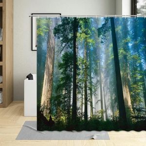 Douchegordijnen Lente Groen Natuur Bos Gordijn Zonlicht Lrradiate Grove Badkamer Accessoires Waterdicht Polyester Met Haken