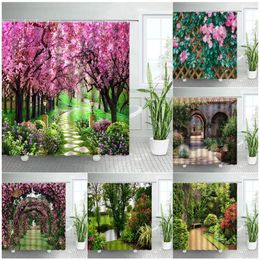 Douchegordijnen Spring landschap Landschap Douche Gordijnen Set roze bloemen Tree Forest Natural Floral Green Plant Scenery With Hooks Badkamer Decor 230523