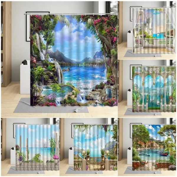 Rideaux de douche Spring Waterfall Flowers Nature Landscape Ocean Seaside City Style Style Fabric de salle de bain Décor de salle de bain avec crochets