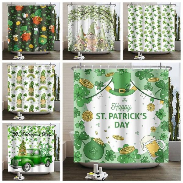 Rideaux de douche St. Patrick Day Rideau Lucky Clover Mignon Gnome Green Truck Imperméable Polyester Bain Salle de bain Décor avec crochets