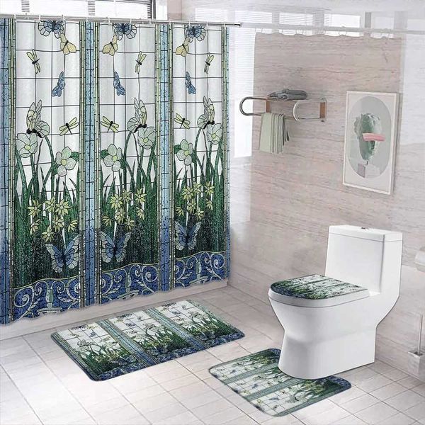 Rideaux de douche en vitrail praidow fleur libellule imprimé polyester tissu rideau de douche à la maison appartement de salle de bain