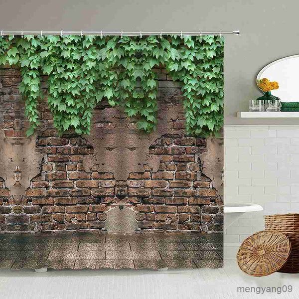 Rideaux de douche Pierre mur de briques rideau de douche feuilles vertes escalade rustique marbre roches mur de pierre tissu salle de bain rideaux de douche ensemble R230830