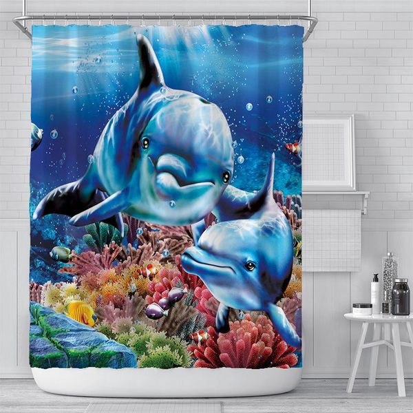 Rideaux de douche Rideau d'impression numérique d'animal marin droit Salle de bain en polyester imperméable