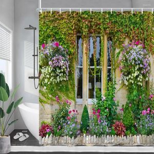 Rideaux de douche Fleurs de rue Plantes de vigne verte Fenêtre Nature Paysage Jardin Tenture murale Décoration de salle de bain avec crochets