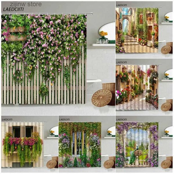 Rideaux de douche Fleurs de rue Rideaux de douche Clôture en bois Papillon Style européen Fenêtre Vigne Plante Rideau de bain Moderne Jardin Salle de bain Décor Y240316