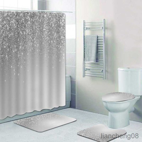 Cortinas de ducha Elegante Negro Plata Caída Brillo Confeti Polvo Explosión Cortinas de baño Conjunto de cortina de ducha Gris Alfombras de baño brillantes Decoración R230819