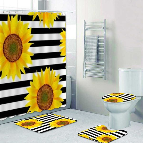 Cortinas de ducha Elegante juego de cortinas y alfombras de ducha de girasol a rayas blancas y negras Cortinas de baño de girasol Alfombra de baño Alfombra para decoración de inodoroHKD230626