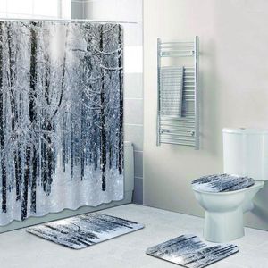 Douchegordijnen Stijlvol Winter Wonderland Landschap Bos 3D Gordijn Badkamer Set Met Badmat Tapijt Glitter Sneeuw Kerstcadeau Decor