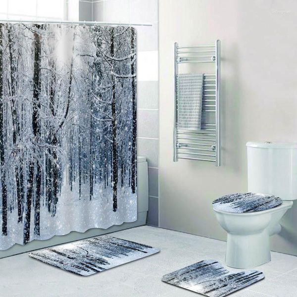 Cortinas de ducha con estilo Winter Wonderland Paisaje Bosque Cortina 3D Conjunto de baño con alfombra de baño Alfombra Glitter Snow Decoración de regalo de Navidad