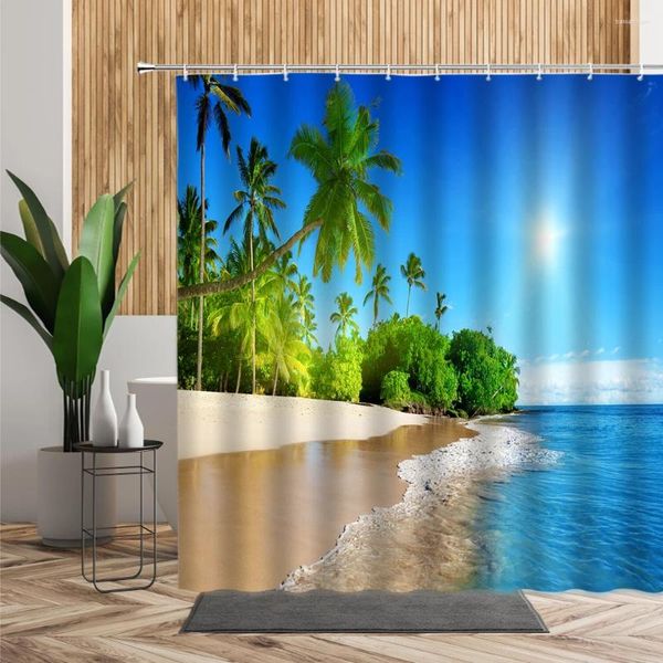 Rideaux de douche Été 3d paysage côtiers rideau soleil Sunlight Sandy Beach Coconut Tree Vacation Beau fond.