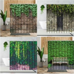 Douche gordijnen zomer groene wijnje landschap oude muur houten deur rieten stoel 3d printing home decor stof stof badkamer badgordijn