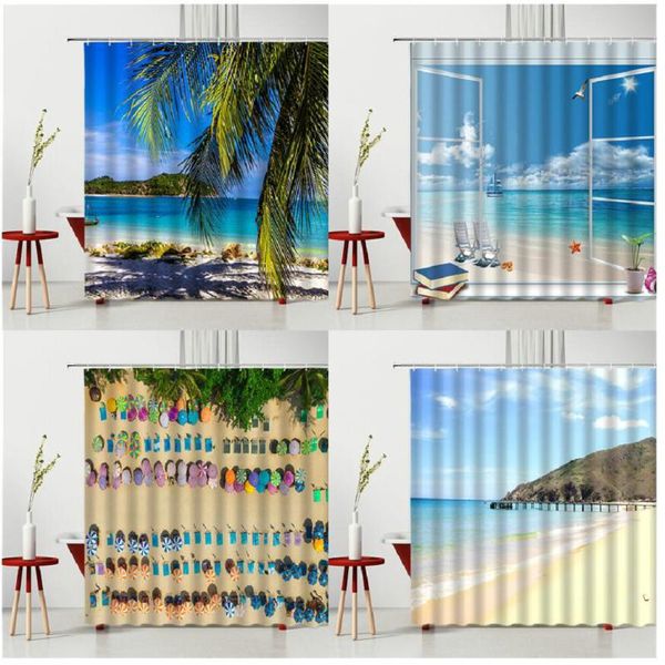 Rideaux de douche Été Bord de mer Paysage Rideau Soleil Cocotier Parasol Étoile de Mer Tissu Polyester Imperméable Baignoire Décoration