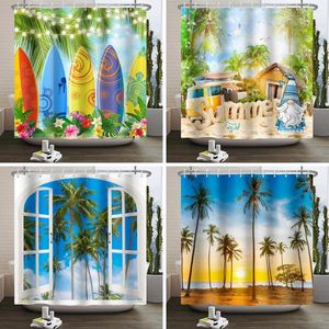 Rideaux de douche été planche de surf plage rideau coloré bord de mer palmier nain paysage imperméable salle de bain décor