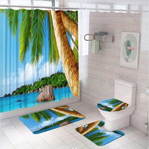 Rideaux de douche Curtain de plage tropicale d'été Set Seaside Island Palm Palm Tree Blue Sea Forest Bathroom Not Slip Toilet Bath Mat Tapis