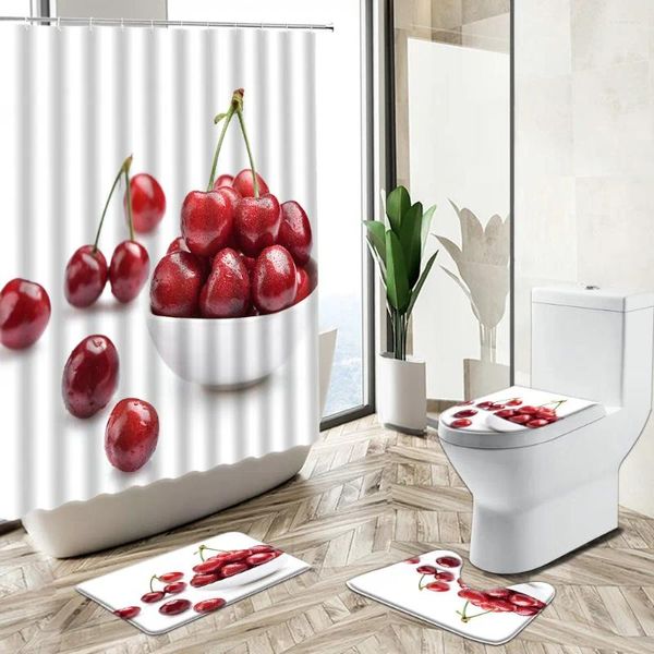 Cortinas de ducha Cortina de fruta tropical de verano Cereza fresa de arándanos Kiwi Diseño baño no deslizante alfombra tope de tope set de alfombrilla