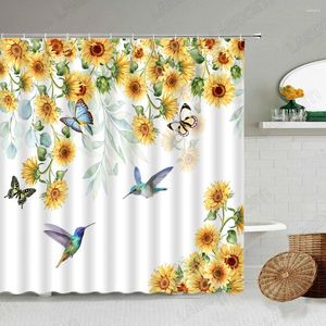 Rideaux de douche tournesol papillon colibri fleurs jaunes plantes feuilles printemps paysage rustique tissu salle de bain décor ensembles