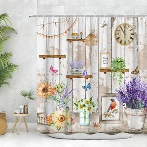 Rideaux de douche tournesol, fleurs de printemps, planche de ferme, papillon, lavande, imprimés de maison, décoration de salle de bain